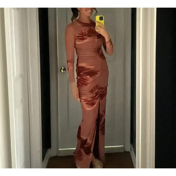 Black Halo Mesh Ruched Maxi Dress SIZE 4 Jersey Gown Watercolor Designer $500 - Picture 5 of 11